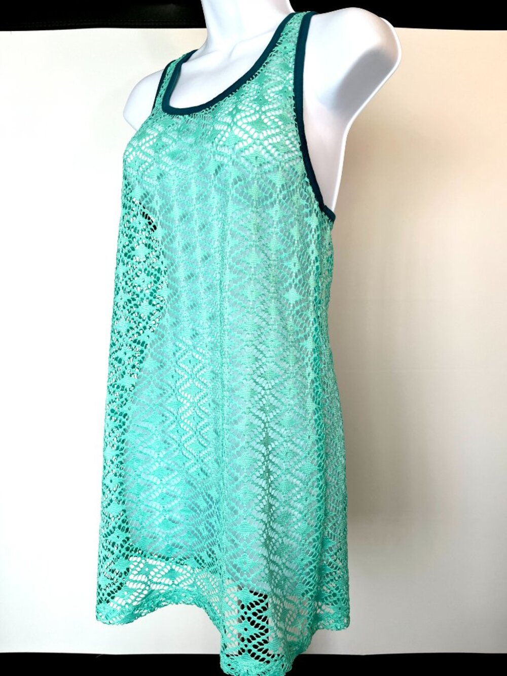 Miken Swim Cover Up Womens S Turquoise Green Sleeveless Tunic  Crochet Racerback